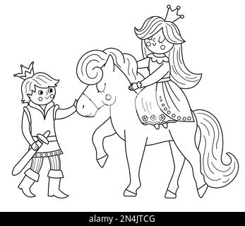 Fiaba principe bianco e nero con principessa su un cavallo. Vettore fantasy giovane linea monarca in corona con ragazza. Personaggi fiabeschi medievali. Carto Illustrazione Vettoriale
