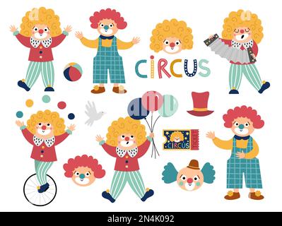 Vettore impostato con clown. Clipart di artisti circensi. Pacchetto icone vacanza divertimento. Carino divertente festival personaggi clip art.. Comici di Street show illustrat Illustrazione Vettoriale