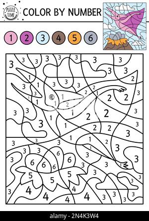 Vettore colore preistorico per attività numerica con dinosauro. Antico gioco di colorazione e conteggio degli animali con dinosauro carino. Divertente pagina di colorazione educativa Illustrazione Vettoriale
