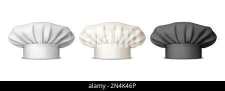 Cappellino Chef bianco e nero Vector 3D realistico, set di icone Toque. Cuoco, modello di disegno dei tappi dello chef del panettiere. Panetteria, Ristorante, cucina uniforme. Cappelli in cotone Illustrazione Vettoriale