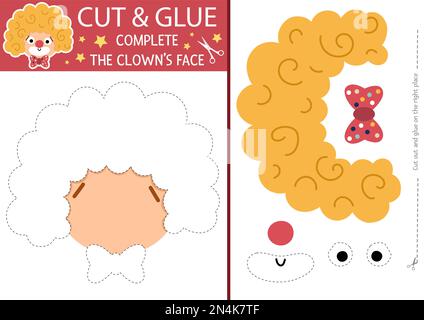 Attività di taglio e incollaggio del circo vettoriale. Spettacolo di divertimento educativo gioco di creazione. Trovare le parti mancanti. Pagina stampabile del festival dell'intrattenimento per bambini. Com Illustrazione Vettoriale