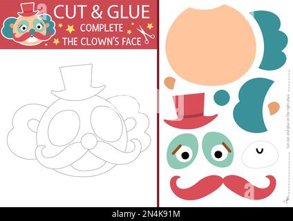 Attività di taglio e incollaggio del circo vettoriale. Spettacolo di divertimento educativo gioco di creazione. Trovare le parti mancanti. Pagina stampabile del festival dell'intrattenimento per bambini. Com Illustrazione Vettoriale