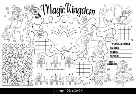 Placemat Vector Magic kingdom per bambini. Tappetino attività stampabile da favola con labirinto, tic tac tep chart, collegare i punti, trovare la differenza. Nero e w Illustrazione Vettoriale