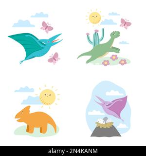 Scene estive con graziosi dinosauri. Illustrazione con dinos che giocano, volano, corrono. Divertente illustrazione dei rettili preistorici per i bambini Illustrazione Vettoriale