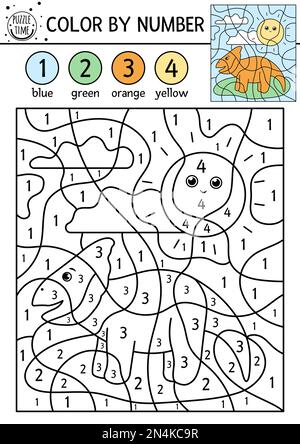 Vettore colore preistorico per attività numerica con dinosauro. Antico gioco di colorazione e conteggio degli animali con dinosauro carino. Divertente pagina di colorazione educativa Illustrazione Vettoriale