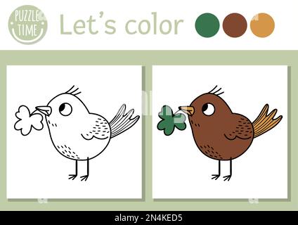 Saint Patrick pagina da colorare per i bambini. Simpatico uccello divertente con shamrock in becco. Illustrazione di animali di foresta di contorno del vettore. Colò di primavera celtica Illustrazione Vettoriale