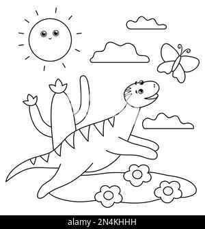 Dinosauro bianco e nero che corre per una farfalla sotto il sole. Illustrazione di contorno di scena di estate con il dinosauro grazioso. Divertente colorazione dei rettili preistorici Illustrazione Vettoriale