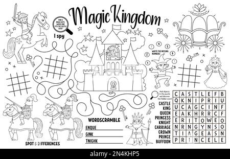 Placemat Vector Magic kingdom per bambini. Tappetino attività stampabile da favola con labirinto, tic tac tep chart, collegare i punti, trovare la differenza. Nero e w Illustrazione Vettoriale