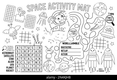 Placemat spazio vettoriale per bambini. Tappetino attività stampabile da favola con labirinto, tic tac tep chart, collegare i punti, trovare la differenza. pla bianco e nero Illustrazione Vettoriale