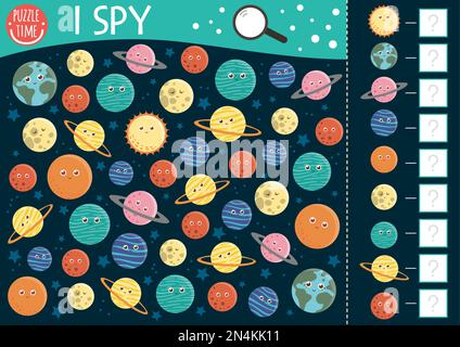 Spazio i gioco spia per i bambini. Ricerca e conteggio attività di astronomia per bambini prescolare con pianeti, stelle. Divertente foglio di lavoro stampabile con Solar Illustrazione Vettoriale