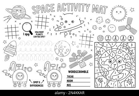 Placemat spazio vettoriale per bambini. Tappetino attività stampabile da favola con labirinto, tic tac tep chart, collegare i punti, trovare la differenza. pla bianco e nero Illustrazione Vettoriale