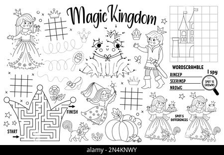 Placemat Vector Magic kingdom per bambini. Tappetino attività stampabile da favola con labirinto, tic tac tep chart, collegare i punti, trovare la differenza. Nero e w Illustrazione Vettoriale