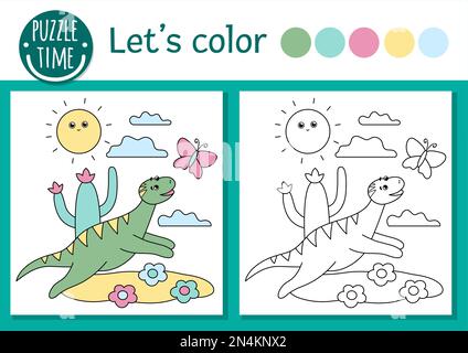 Pagina da colorare preistorica per bambini. Scena divertente carino con dinosauro in esecuzione per farfalla. Illustrazione del contorno del periodo giurassico vettoriale. Colore Dino Illustrazione Vettoriale