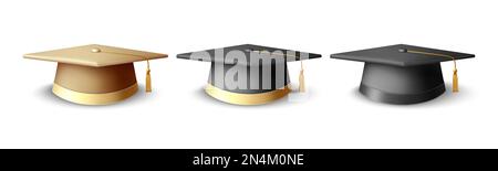 Vector 3D realistic Graduate College, High School, University Cap Set isolato. Cappellini per cerimonie di laurea Vector Golden e Black. Studente educativo Illustrazione Vettoriale