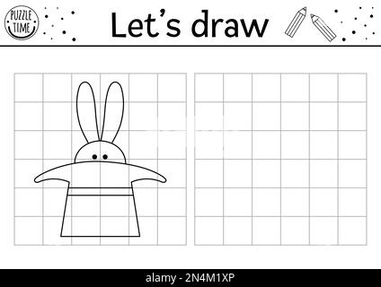 Disegnare il coniglio nel cappello. Completare l'immagine. Foglio di lavoro per la pratica del disegno circo vettoriale. Attività stampabile in bianco e nero per bambini in età prescolare con lepre Illustrazione Vettoriale
