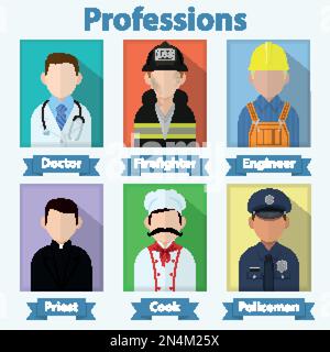 Avatar professionali piatti vettoriali. Set di icone di vari utenti di lavori. Medico, pompiere, ingegnere, sacerdote, cuoco, personaggi poliziotti Illustrazione Vettoriale