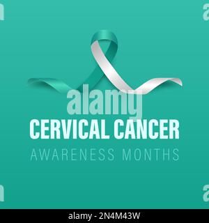 Banner cancro cervicale, scheda, cartellino con Vector 3D Teal realistico e nastro bianco su sfondo Teal. Simbolo del mese di consapevolezza del cancro cervicale Illustrazione Vettoriale