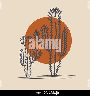 Sole e saguaros illustrazione desertica vintage design. Linea vettoriale logo di piante di cactus Illustrazione Vettoriale