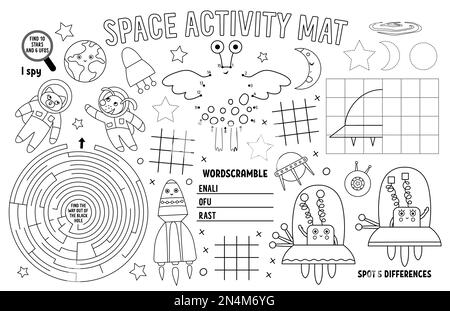 Placemat spazio vettoriale per bambini. Tappetino attività stampabile da favola con labirinto, tic tac tep chart, collegare i punti, trovare la differenza. pla bianco e nero Illustrazione Vettoriale