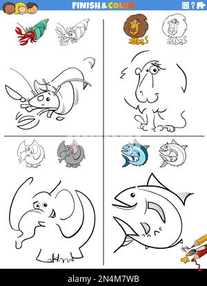 Cartoon illustrazione di disegno e colorare fogli di lavoro didattici con animali divertenti Illustrazione Vettoriale