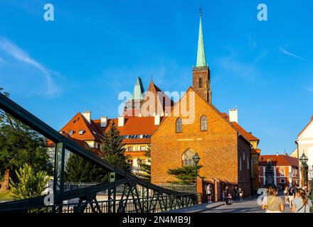 Wroclaw, Polonia - 19 luglio 2022: Vista panoramica dell'isola di Ostrow Tumski con la cattedrale collegiata della Santa Croce e la maggior parte del ponte di Tumski sul fiume Odra Foto Stock