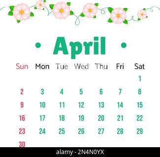 Aprile 2023 Calendar planner in colore pastello con fiori, la settimana inizia la Domenica, modello Illustrazione. Pagina grafica vettoriale. Modello vettore calendario, Illustrazione Vettoriale