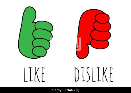 Mi piace e non mi piace. Pollice verde in alto e pollice rosso in basso. Icone vettore stile Doodle. Illustrazione Vettoriale