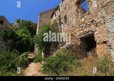 Malo Grablje, piccolo Grablje, villaggio fantasma, villaggio abbandonato sull'isola di Hvar, Croazia Foto Stock