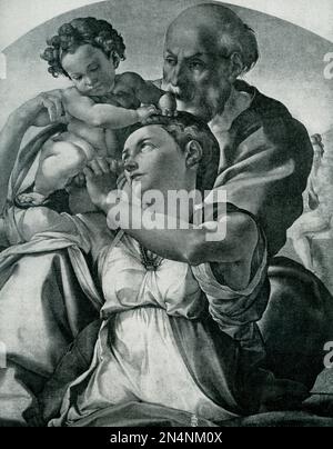 Questa illustrazione del 1903 mostra la Sacra Famiglia cristiana dipinta da Michelangelo (1475-1564). Michelangelo di Lodovico Buonarroti Simoni, meglio conosciuto come semplicemente Michelangelo, fu uno scultore, pittore, architetto e poeta italiano dell'Alto Rinascimento nato nella Repubblica di Firenze, che esercitò un'incomparabile influenza sullo sviluppo dell'arte occidentale Foto Stock