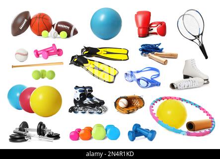 Set di diverse attrezzature sportive su sfondo bianco Foto Stock