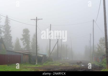 La strada del villaggio di Yakut nord di ulus suntar nella nebbia mattutina con pozzanghere sulla strada e auto in piedi dietro i poli della linea di alimentazione e w Foto Stock