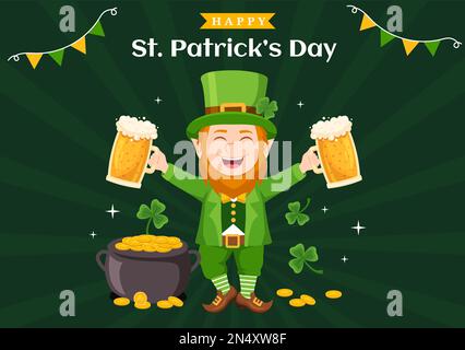 Illustrazione del giorno dei patricks felici con i capretti, le monete d'oro, il cappello verde, Leprechauns e Shamrock in cartoon piano disegnati a mano per i modelli della pagina di atterraggio Illustrazione Vettoriale