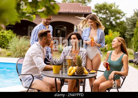 Gruppo di giovani felici che si acclamano con sidro presso la piscina in giardino Foto Stock