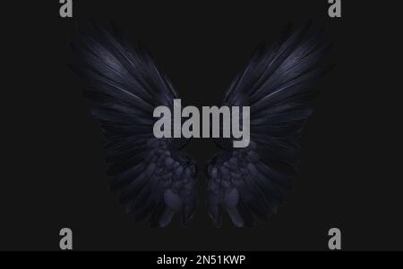 3D Illustrazione di Crow Wing, Demon Wings, Black Wing piumaggio isolato su sfondo nero. Foto Stock