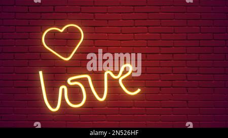 Illuminato e luminoso SEGNO al neon AMORE San Valentino concept 3D illustrazione Foto Stock