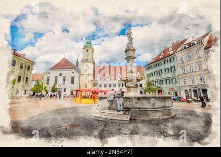 Il Vecchio Municipio e la fontana di Massimiliano a Bratislava, Slovacchia, in stile illustrazione acquerello. Foto Stock