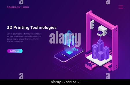Tecnologia di stampa 3D, illustrazione vettoriale isometrica. 3D stampante prototipo produce costruzione, modello virtuale dimensionale sopra il telefono cellulare, schermo mostra il processo di produzione, banner viola Illustrazione Vettoriale