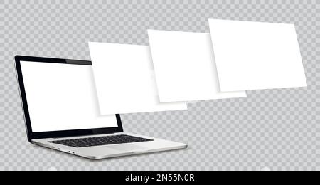 Il computer portatile si mockup con pagine wireframe vuote isolate su sfondo trasparente. Concetto per la presentazione di progetti di web-design. Illustrazione Vettoriale