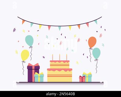 Torta di compleanno con confezione regalo e palloncini su sfondo bianco disegno piano vettoriale Illustrazione Vettoriale