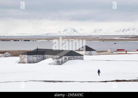 Case di legno, Swedish-Finnish stazione di ricerca Kinnvika, Murchisonfjord, Nordaustland, Spitsbergen arcipelago Svalbard e Jan Mayen, Norvegia Foto Stock