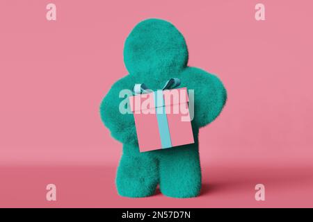 Carino peluche arcobaleno Yeti con scatola regalo 3D che rende peloso carattere sfondo rosa. Bigfoot a pelliccia colorata senza volto. Negozio moderno e creativo minimalista h Foto Stock