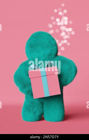 Carino peluche arcobaleno Yeti con scatola regalo 3D che rende peloso carattere sfondo rosa. Bigfoot a pelliccia colorata senza volto. Negozio moderno e creativo minimalista h Foto Stock