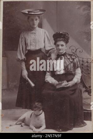 Fotografia vintage sui cani da compagnia : antico armadio fotogaph circa due eleganti Signore con loro amando piccolo cane, che è smilling per la macchina fotografica al 1890s / 19h ° secolo / Foto Stock