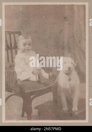 Fotografia vintage di un bambino e dei suoi cani da compagnia dal 1910s Foto Stock