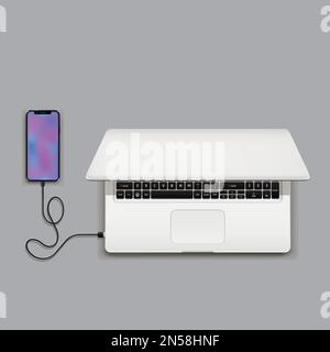 Smartphone collegato al computer portatile tramite cavo USB. Illustrazione vettoriale. Illustrazione Vettoriale