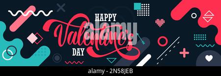 felice giorno di san valentino tipografia banner stile retrò con amore rosa tema sfondo geometrico. Biglietto di auguri di San Valentino con icone di San Valentino. Illustrazione Vettoriale