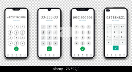 Set di tasti dello smartphone. Tastiera utente con numeri e lettere sugli schermi del telefono isolati su sfondo trasparente. Illustrazione vettoriale. Illustrazione Vettoriale