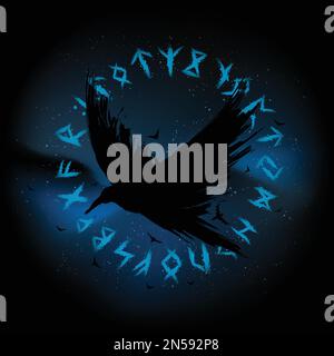 Cielo e corvo con rune cerchio Illustrazione Vettoriale