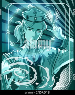 Giovane mago anime, mago in manga e stile anime. Illustrazione Vettoriale