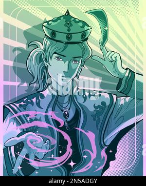 Giovane mago anime, mago in manga e stile anime. Illustrazione Vettoriale